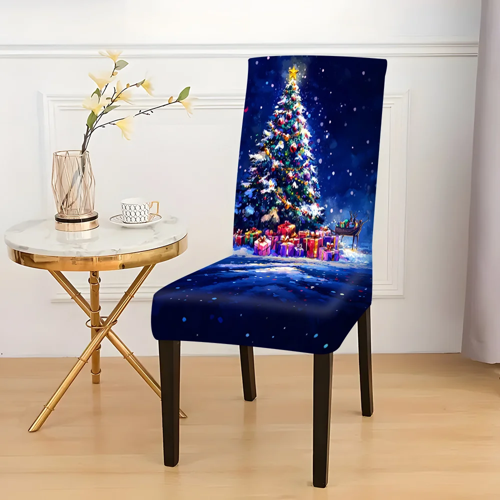 Night Scene Christmas Tree Gift Reindeer Stretch Dining Chair Cover, Slipcover for Indoor Winter Holiday Dining Room Decor
