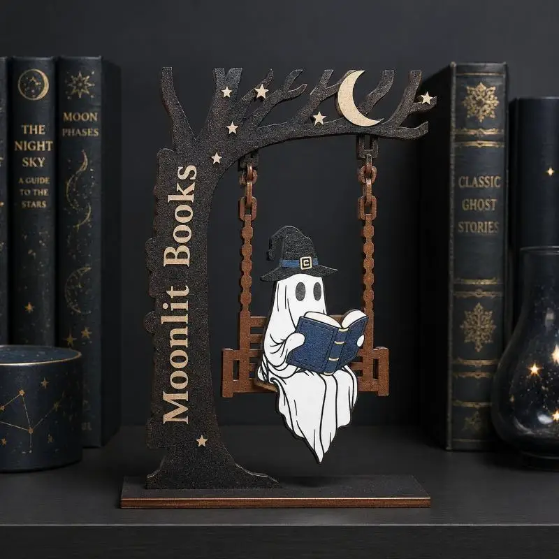 Ghost Swing Figurine Wooden Tree Halloween Decor Pumpkin Witch Hat Spooky Tabletop Party Decor Gift
