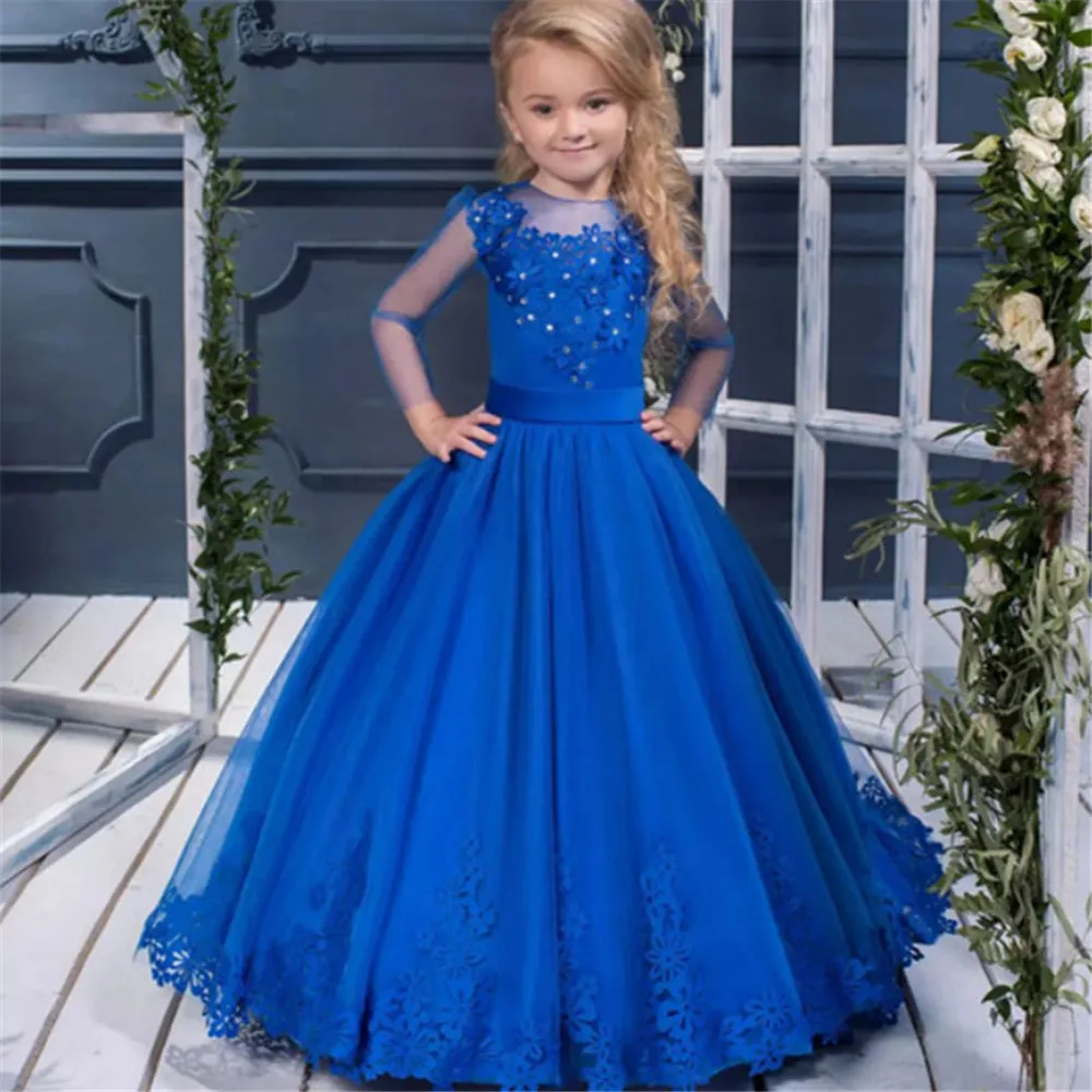 Vestido de renda tule para meninas, vestido de noiva, azul royal, manga cheia, primeira comunhão, bola, princesa, aniversário