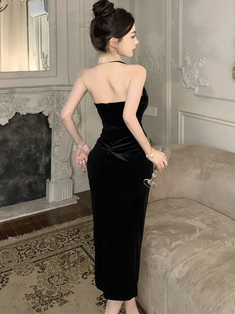 Otoño Invierno vestido de malla de retales de terciopelo rosa mujer elegante vestido Sexy montado en el cuello 2025 vestido de fiesta de lujo Vintage coreano