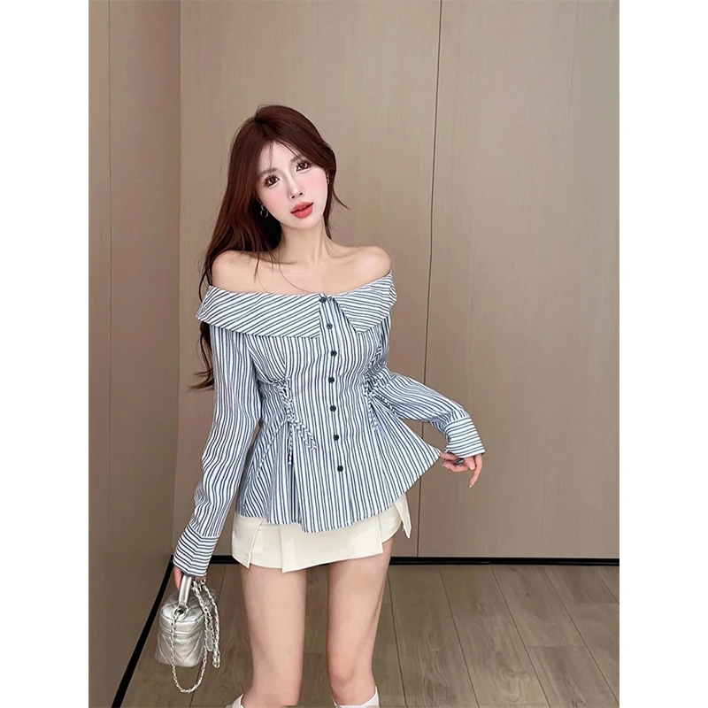 Elegant Slash Neck Shirts Women Fashion Striped Bandage Blouses Spring Ladies Korean Long Sleeve Off Shoulder Design Slim Tops