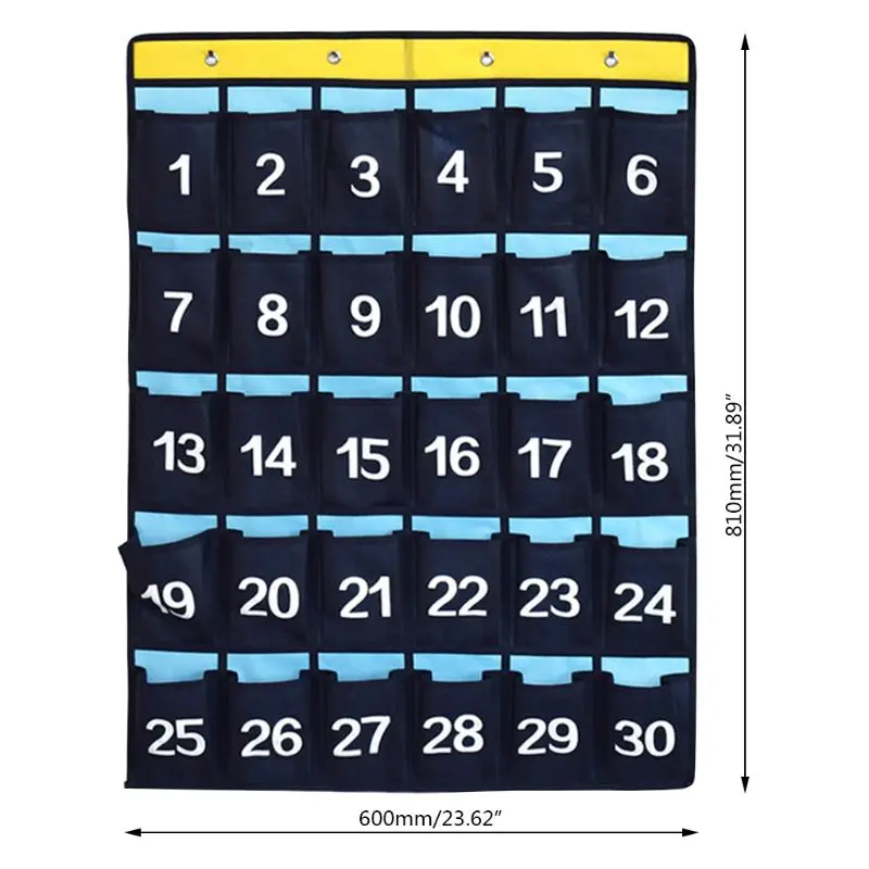 30-Pocket Numbered Classroom Pocket Chart with 4 Hooks Phone Chart Holder Wall Door Hanging for Socks Scarves Cards Keys