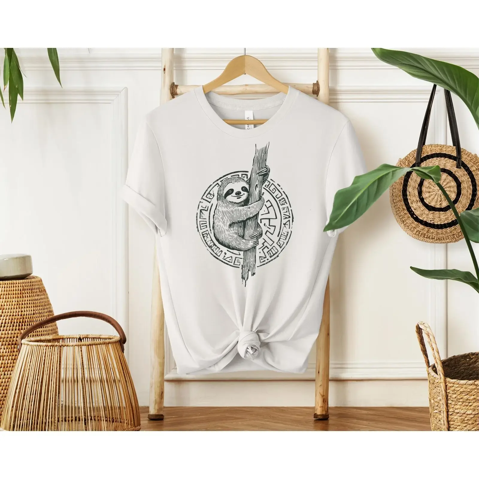 T-shirt Homme Motif Paresseux Style Tribal Amusant Jungle Vintage Lavé Graphique Tendance Doux et Élégant