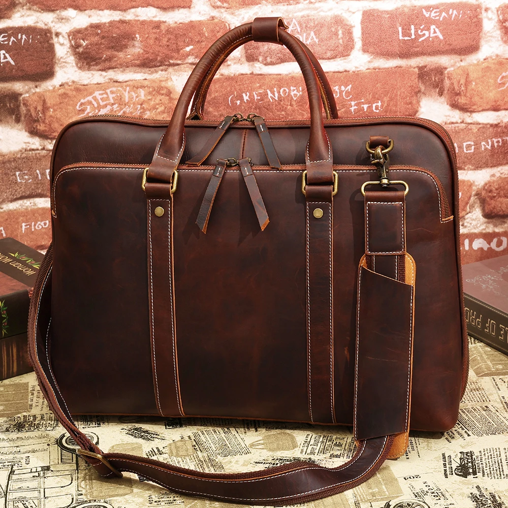 Crazy Horse Men's Handbag Multi functional Retro Business Genuine Leather briefcase Cowhide Men's Bag