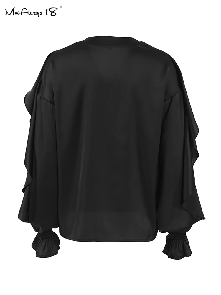 Mnealways18 Black Laminated Flounces Oversize Shirts Women Flare Sleeve Ruffled Blouses And Tops Office Ladies Autumn 2024 White