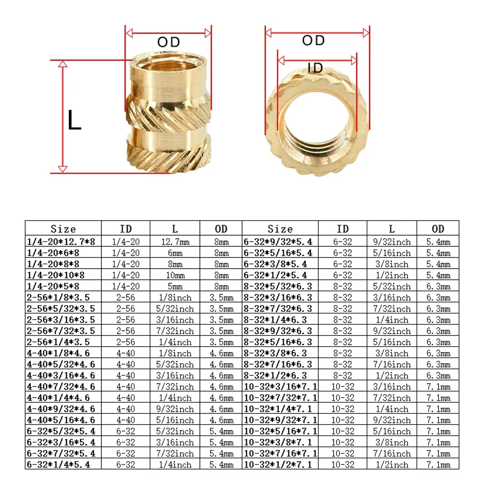 Brass Heat Insert Nut Hot Melt Thread Molding Double Twill Injection Nut for 3D Printer1/4 2-56 4-40 6-32 8-32 10-32 10-24 12-24