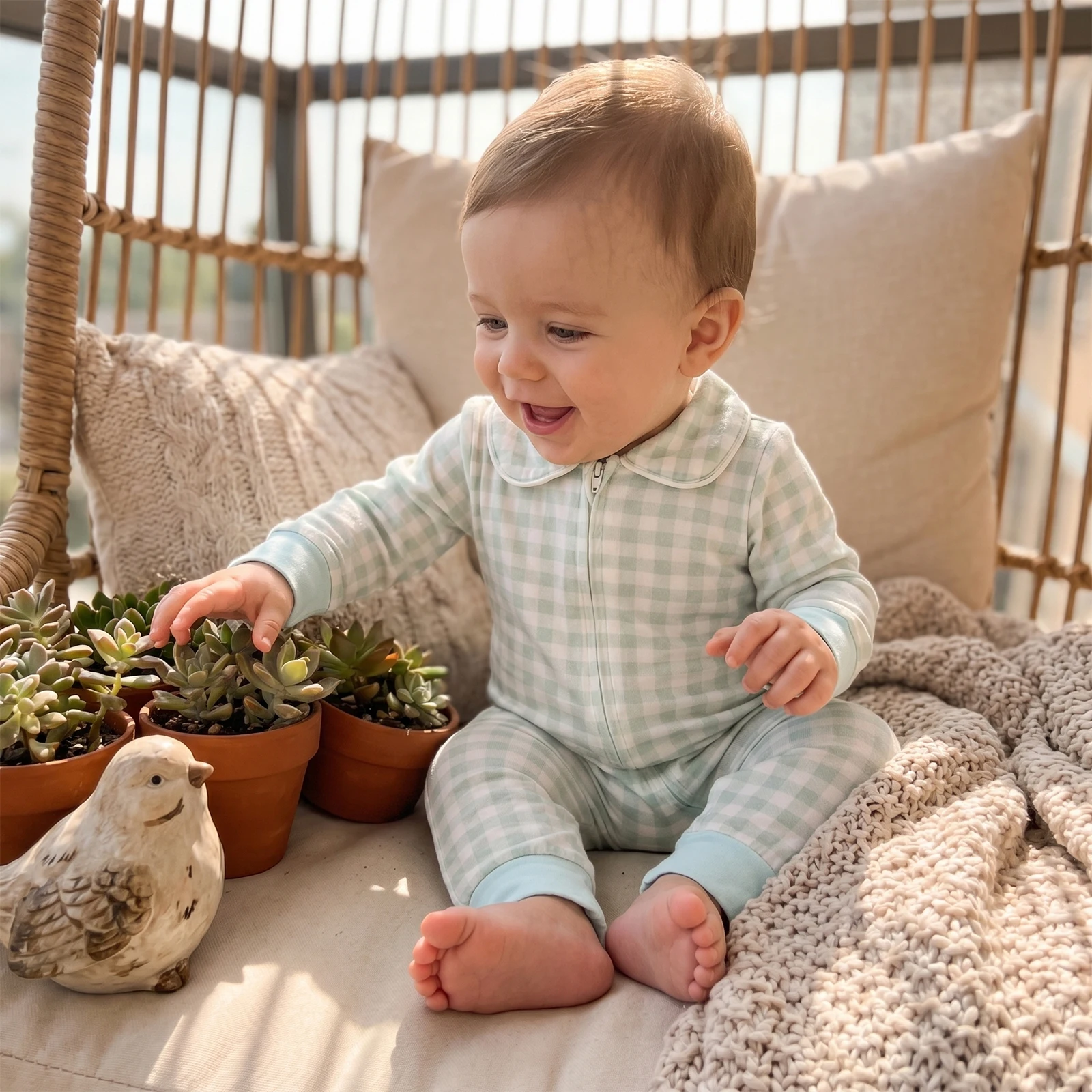 2027 Early Autumn Toddler Baby Boy Girls Romper Fashion Adorable Plaid Long Sleeve Doll Collar Zipper Jumpsuit