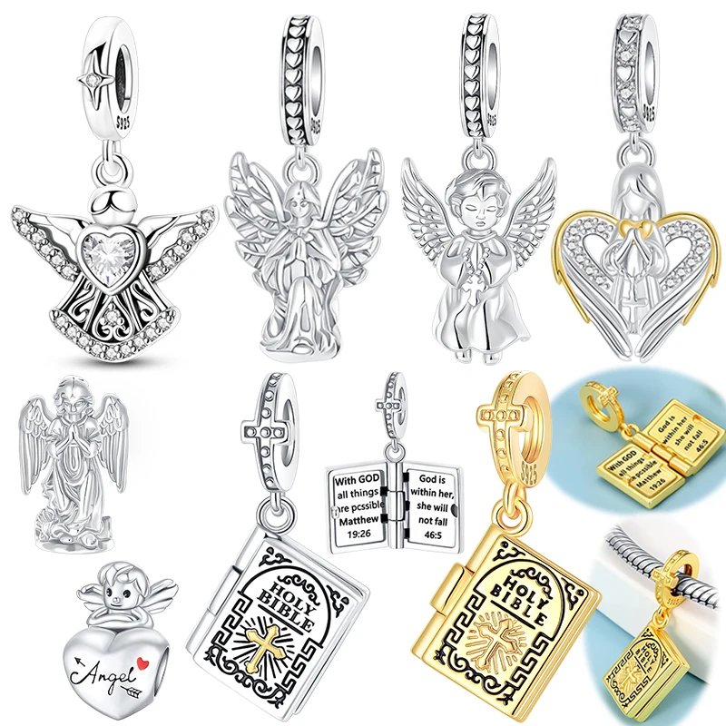 Colgante de Plata de Ley 925 con Diseño de Ángeles, Jesús, Dios, Biblia Sagrada y Cruz Religiosa, Compatible con Pulseras de Charms, Regalo de Joyería DIY para Mujer