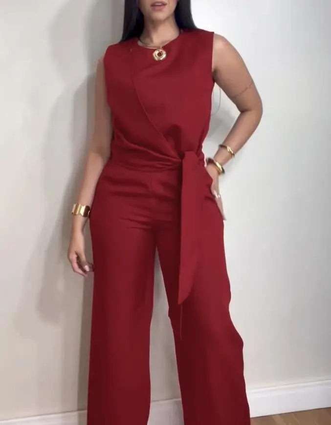 

Two Piece Set Women Outfit 2025 Summer Round Neck Sleeveless Asymmetrical Tied Detail Top & Casual Elastic Waist Pants Sets