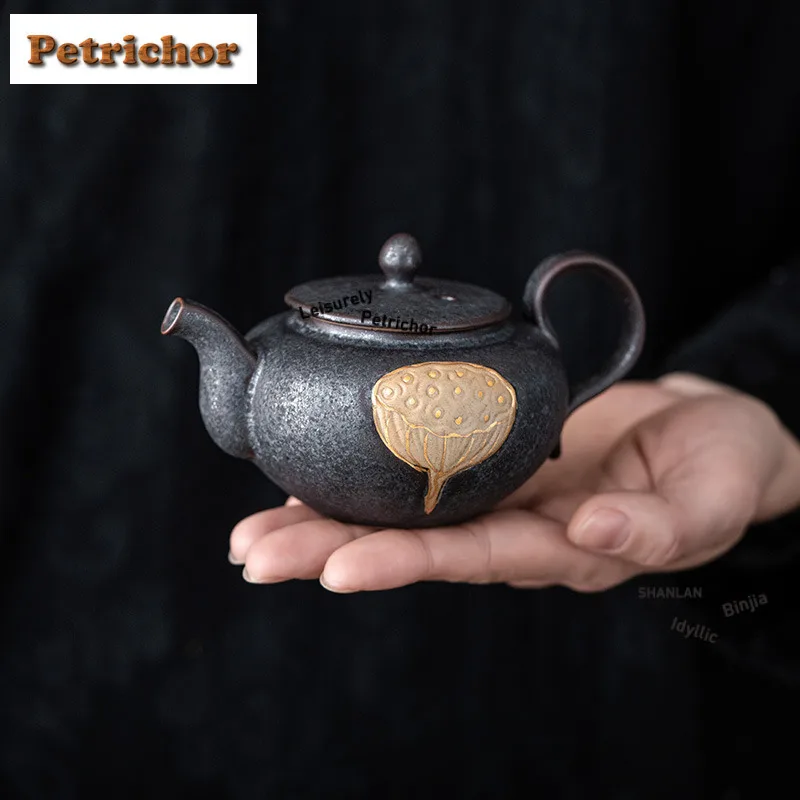 180ml Kiln Fambe Gold Drawing Lotus Pod Teapot Boutique Tea Infuser Pot Tea Maker Kettle With Strainer For Tea Ornaments Craft