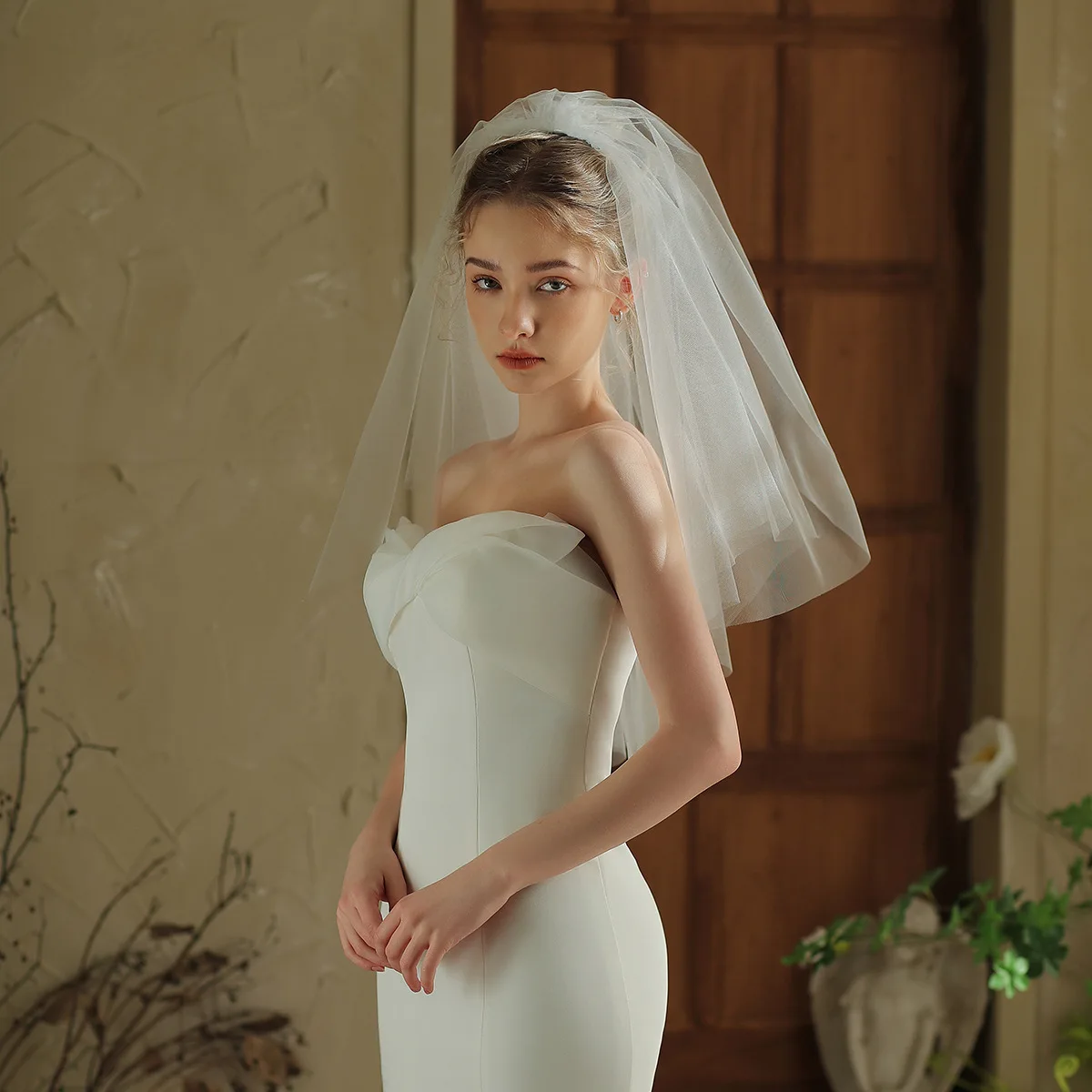V378 Forest-Style Double-Layer Simple Short Bridal Veil, Proposal Photo Prop, Headwear Wholesale