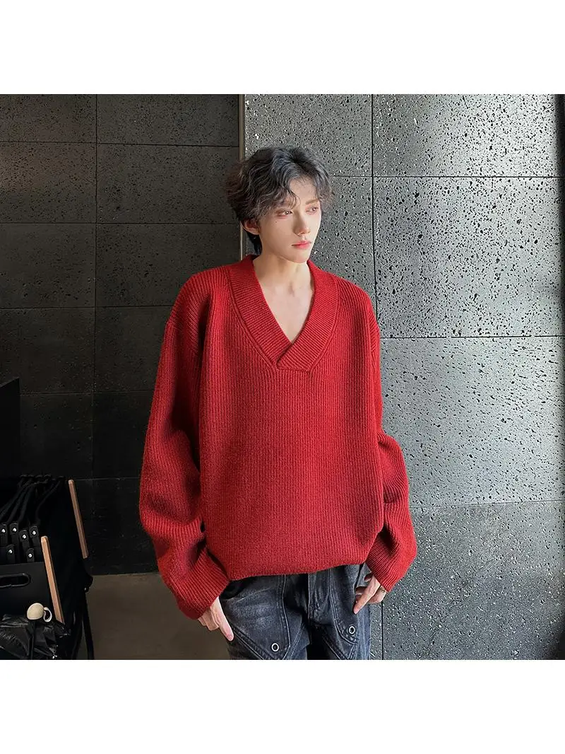 

Мужской свитер Anclark Red V-Ne Knitwear: осенне-зимний, свободный крой, повседневный, премиум-класса, с длинным рукавом, в стиле гольф