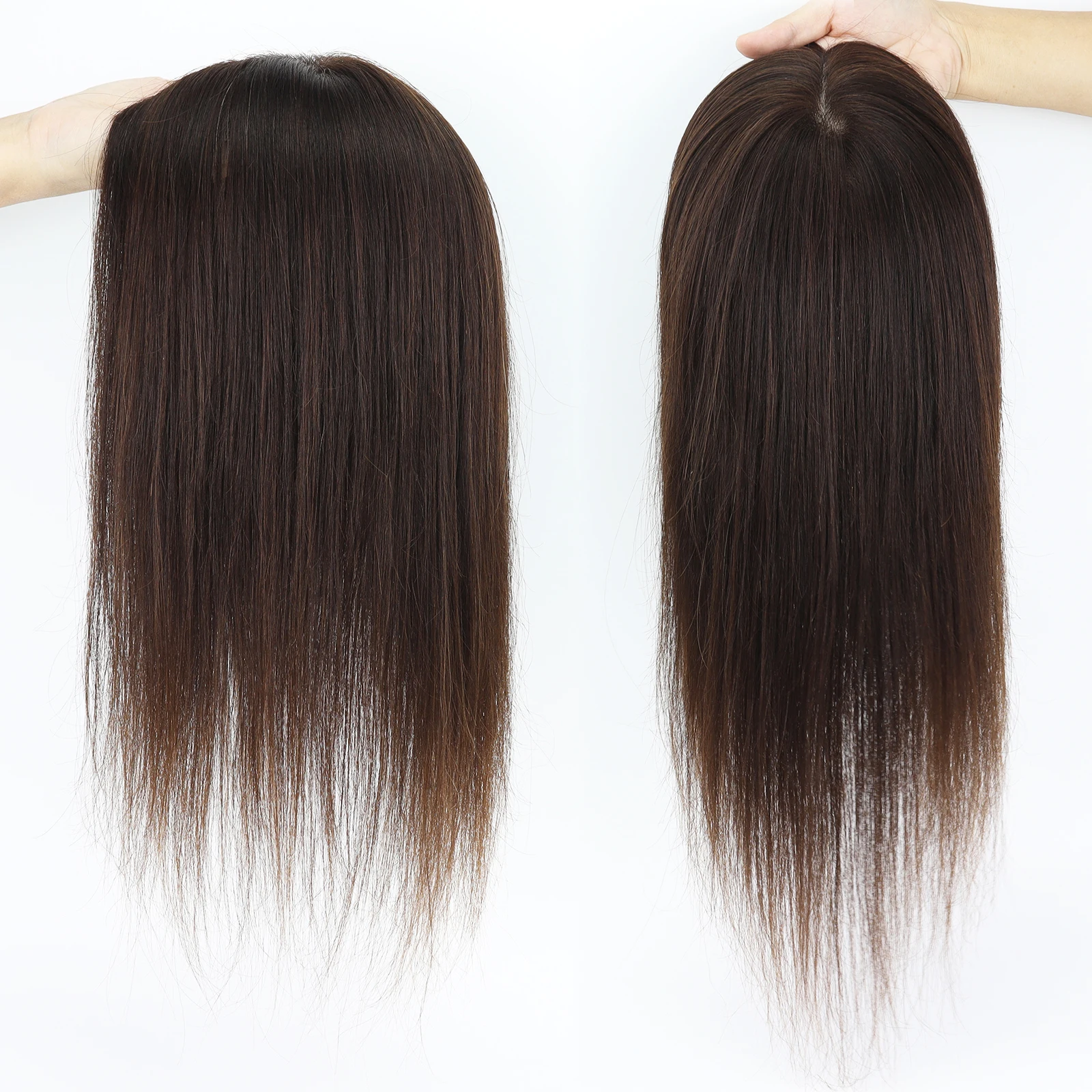 بني داكن 150% كثافة الشعر البشري توبر مع الانفجارات الحرير الجلد قاعدة الشعر المستعار مع مقاطع في 15x16 سنتيمتر غطاء قاعدة الحرير للنساء