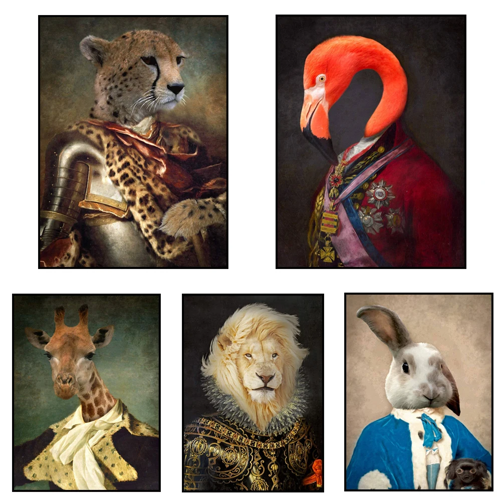 victorian tabby zebra stag lion french bulldog panda rabbit giraffe portrait animal head human body renaissance animal poster