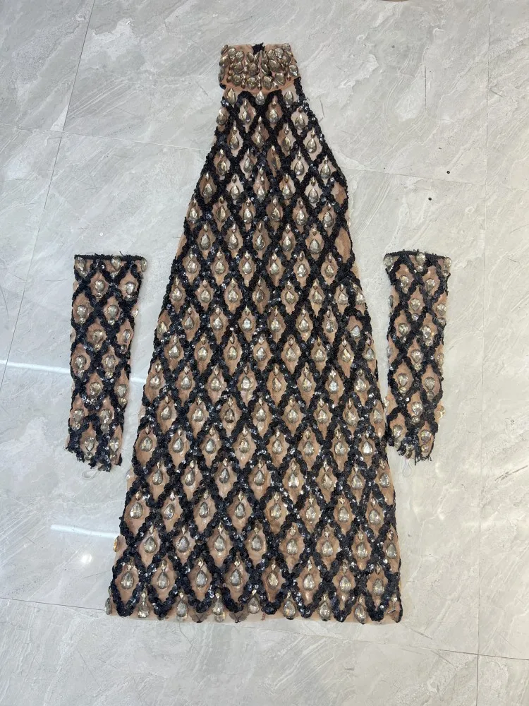 Vestido corto de lujo para fiesta de noche, graduación, diamantes de imitación, Sexy, sin espalda, transparente, disfraz de cantante puesta en escena, dorado y negro