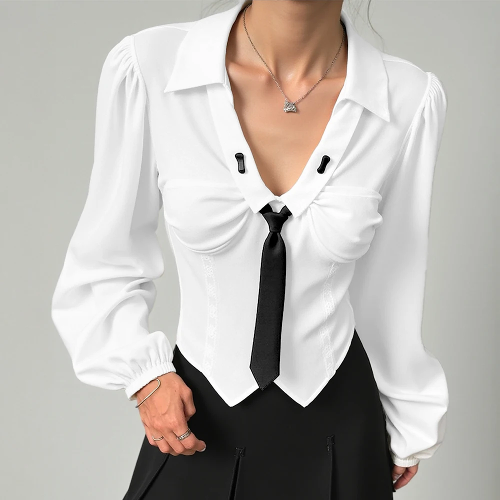 

Mia Muse Summer Shirts 2025 Women's Elegant Plain Lace-Up Long Sleeve V-Neck Regular Fit Office Lady Shirts For Women