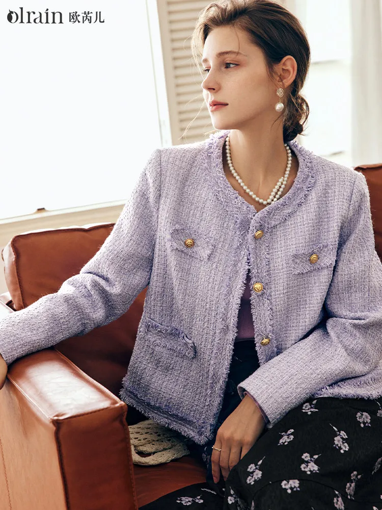 

OLrain Women Tweed Jacket Elegant Autumn 2025 Round Neck Short Jacket Tassel Metal Buttons Ladies Cropped Outerwear O22QW65218