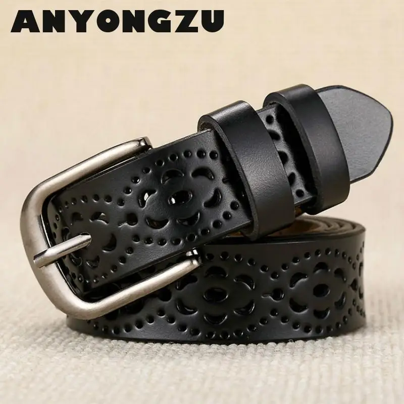 

ANYONGZU Women Belt really cowhide And around Hollow Simple Decoration Fashionable Needle Buckle 105 110 115 Tie-in jeans