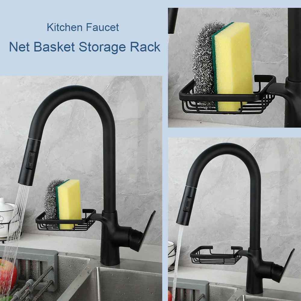 Monite Kitchen Sink Faucet Deck Mounted Pull Out With 360°Swivel Two Water Outlet Modes With Net Basket Storage Rack Mixer Taps