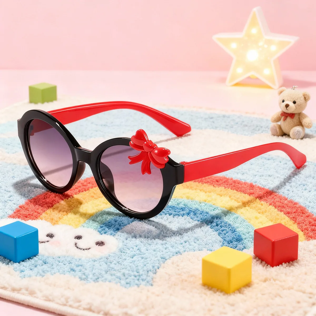 2025, Outdoor-Sonnenbrille, bonbonfarbene Sonnenbrille mit Schleife, süßes Baby, trendig und modisch, runder Rahmen