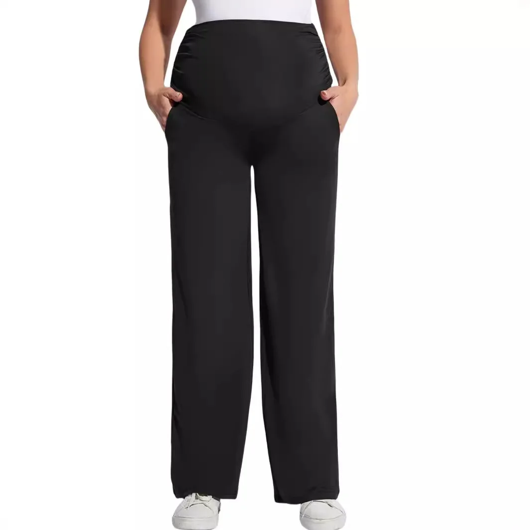 Maternity Straight Wide-leg Pants High Waist Slim-fit Stretch Belly Support Pants Pregnancy Casual Solid Waist Ruffle Trousers