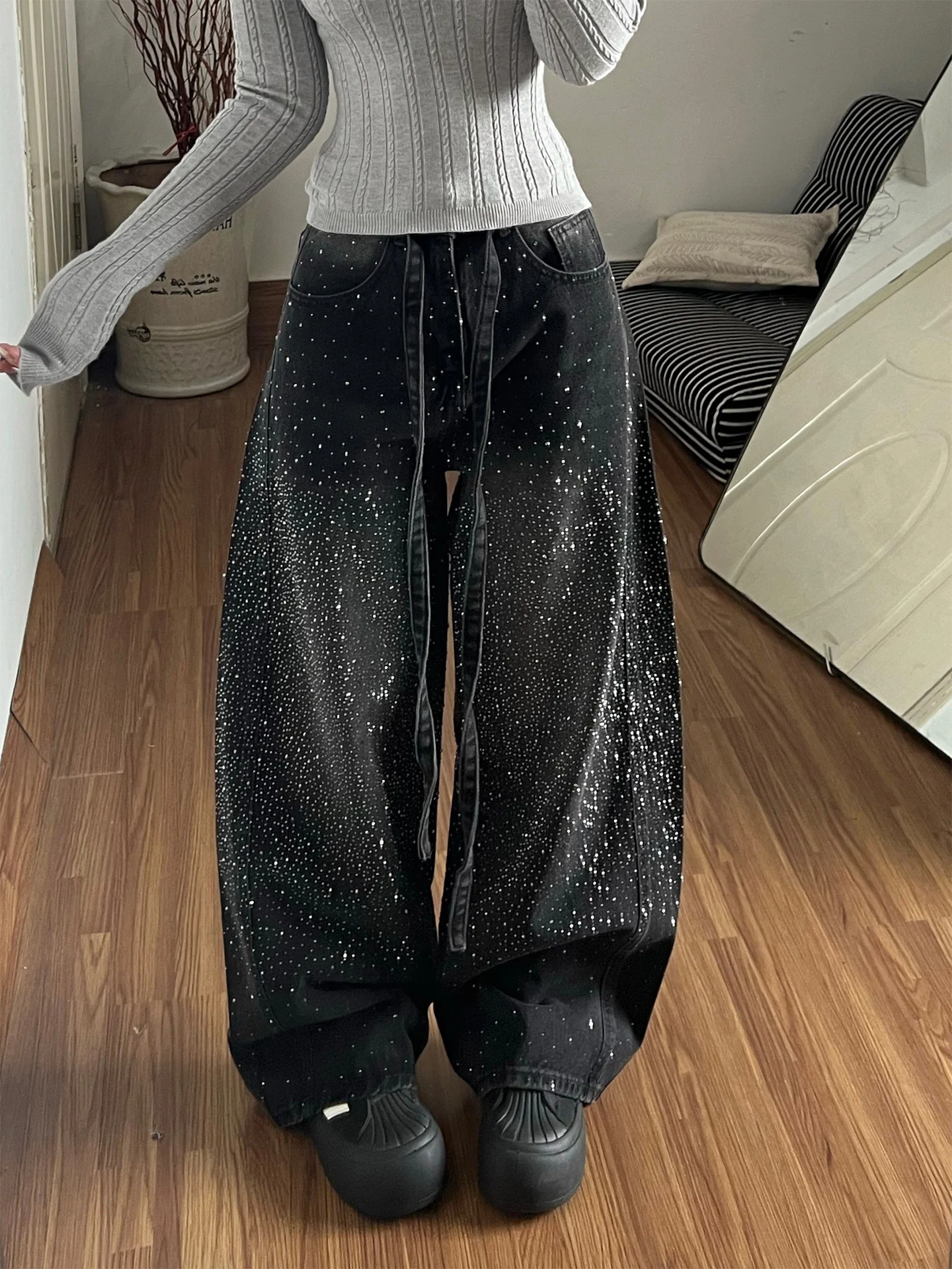 

American High Street Faion Bright Diamond Women's Jeans Spring Autumn Hot Girl Design Versatile Floor-Length Wide Leg Pants