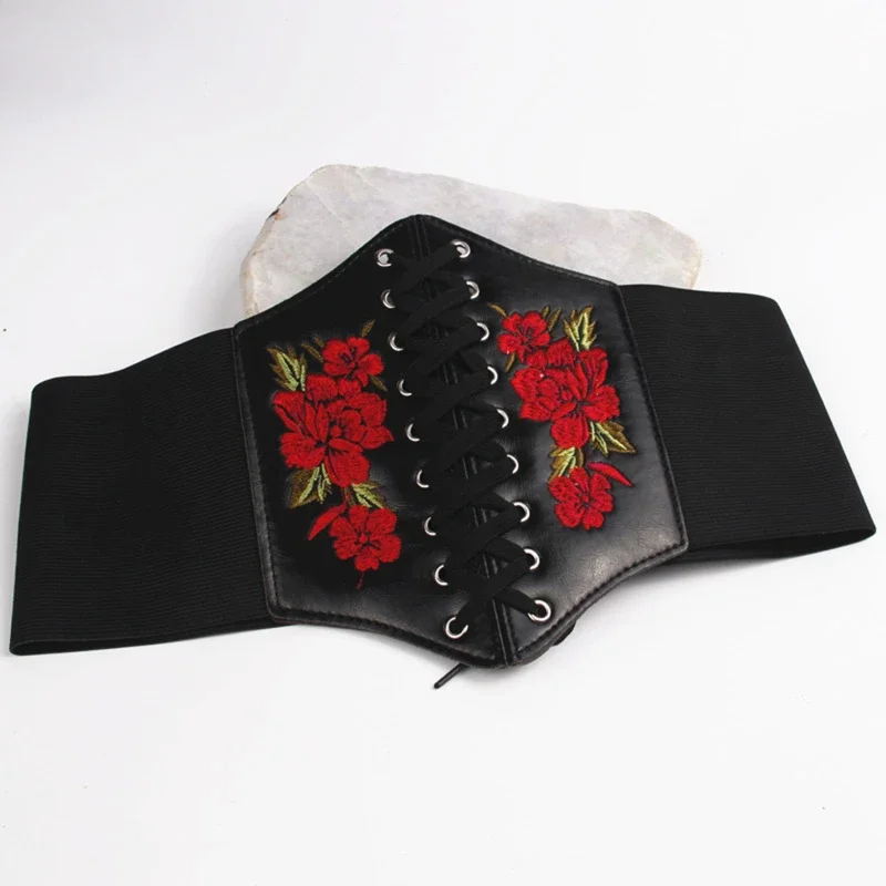 Useful Flower Belt Women Wide Lace Up Waistband Corset PU Leather Waist Slim Shaped Tied Belts