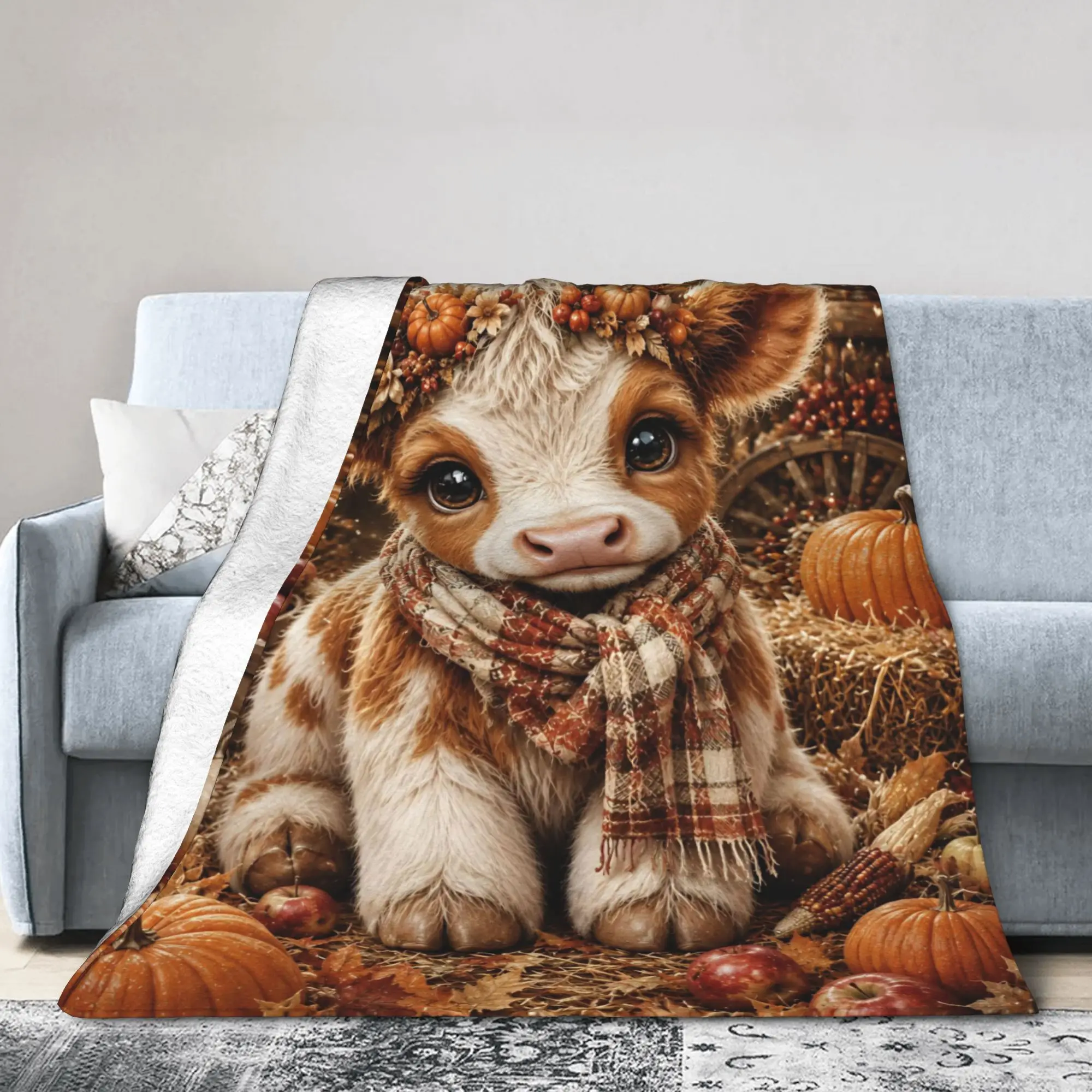 Highland Cows Fall Foral Blankets  Plush Novelty Soft Throw Blanket for Bedspread Autumn/Winter