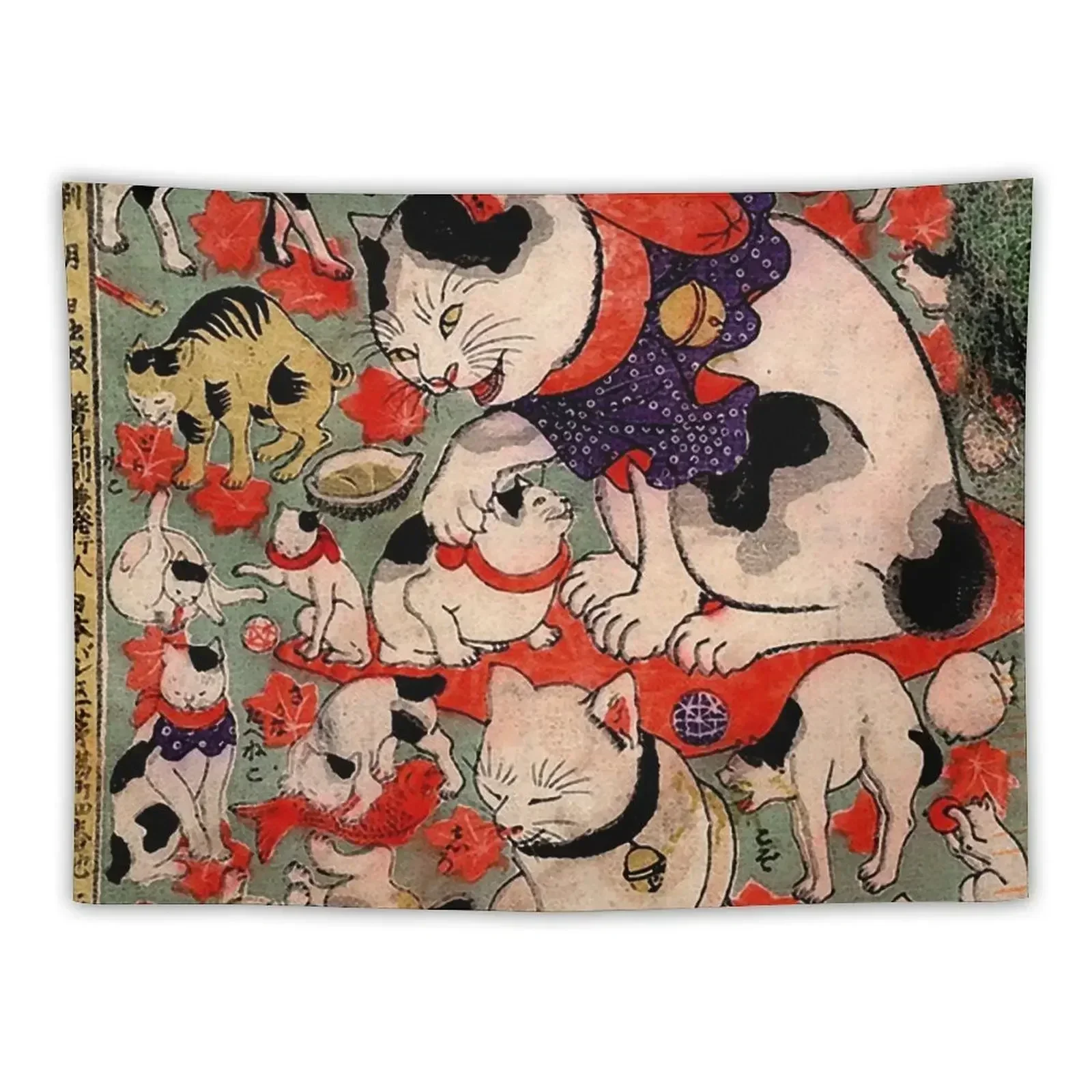 Antique Japanese Woodblock Print Cats ~ Cat Tattoo Flash Tapestry Room Decor Korean Style Hanging Wall Tapestry