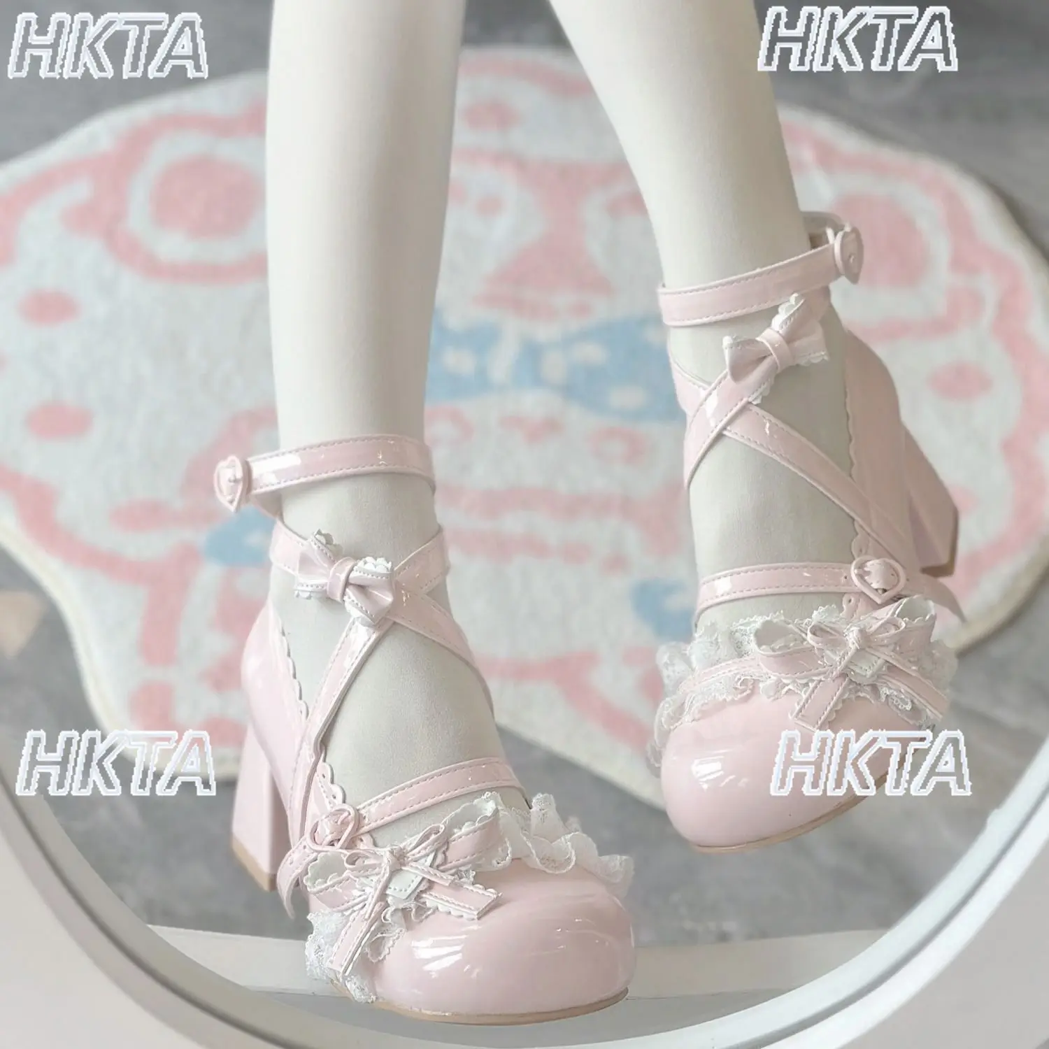 Japanese 2026 Summer Kawaii Pu Lolita Shoes Female Sweet Cute Lace Bow Tower Buckle Round Toe White Shoes Mid Heel Pumps Women