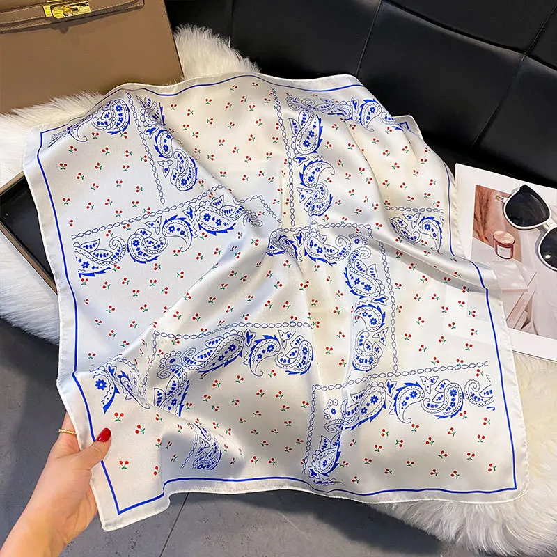 Luxury Brand 2025 Floral Print Square Silk Scarf for Women Hijab Hair Bands 70cm Neckerchief Female Satin Shawl Ribbon Headband image 4