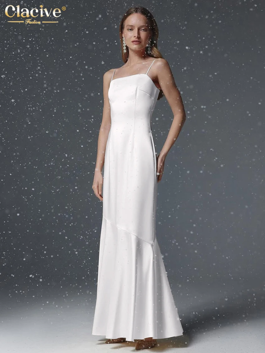 

Clacive Summer Slim White Satin Women's Dress Sexy Strap Sleeveless Ankle Length Dresses Elegant Classic Solid Female Dress