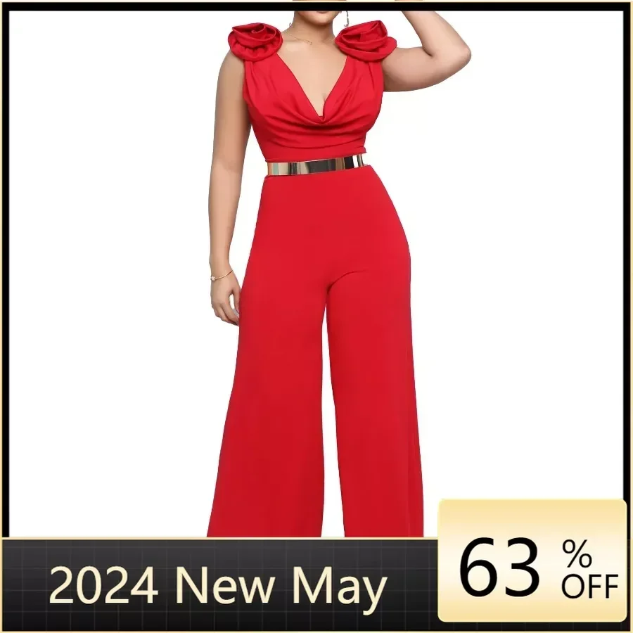 

Summer Fashion Solid Jumpsuit Women Sexy V-neck Sleeveless High Waist Wide Leg Pants Jumpsuit Women