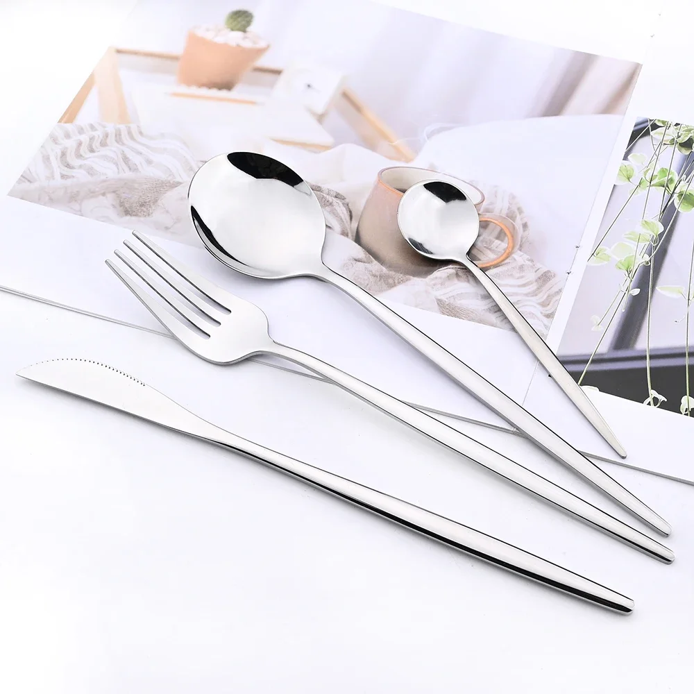 Silver Dinnerware Set 5/6/30Pcs Cutlery Set Stainless Steel Flatware Cake Fruit Fork Kitchen Knife Forks Spoon Tableware Set