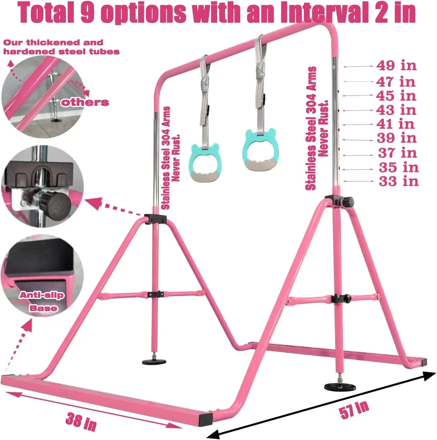 Bijgewerkte opvouwbare gymnastiekbar met ringen, kipbar met stevige basis, trainingsbar voor kinderen van 3-10 jaar, Gyma