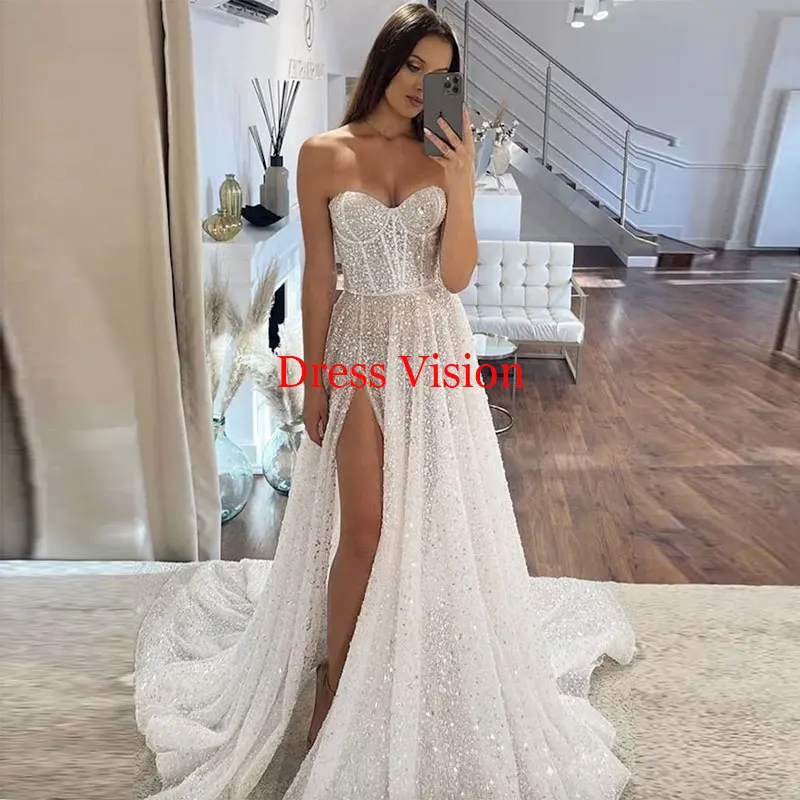 

Sexy Strapless Side Split Wedding Dress Glitter A-line Bride Gown Summer Beach Vestidos Para Mujer Vestido Fiesta Boda Invitada