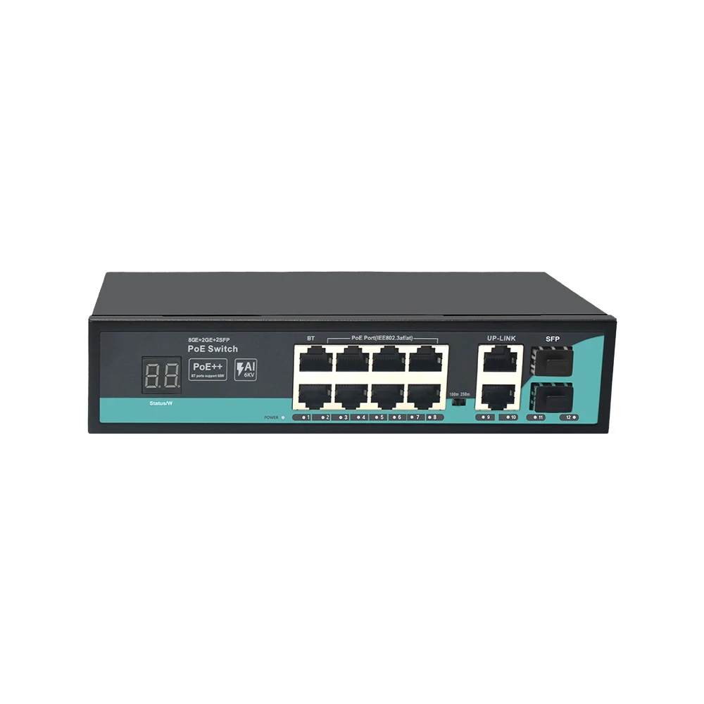 Gigabit 8+2+2 AI Port PoE Switch With Digital Display 2 RJ45 2 SFP 120W Power  VLAN Metal