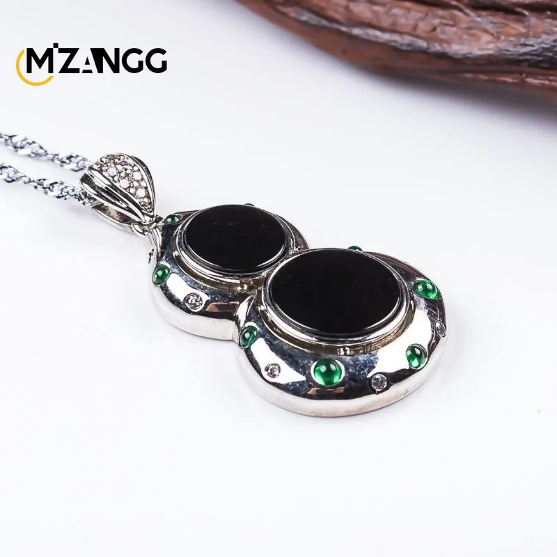 Natural Jadeite A-grade Black Jade Gourd Pendant in Vintage Setting Fashionable Gemstone Necklace Men's and Women's Festive Gift