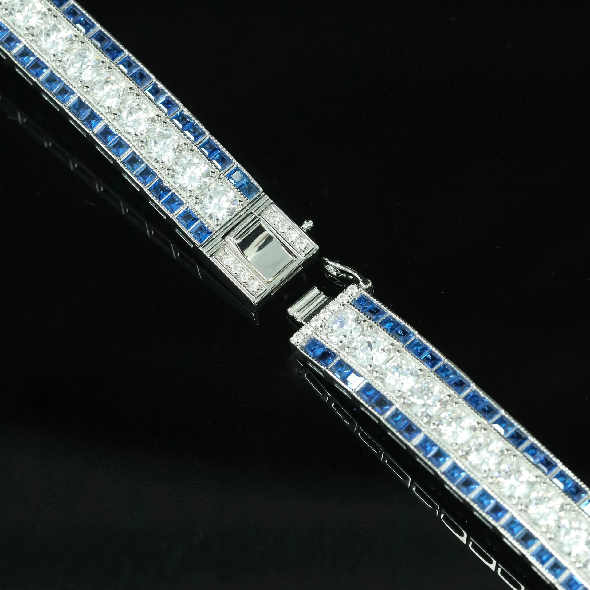 벨룩스 925 실버 골드 도금 합성 지르콘 팔찌 GRC 실험실 재배 스피넬 블루 아트 데코 서양 빈티지 팔찌