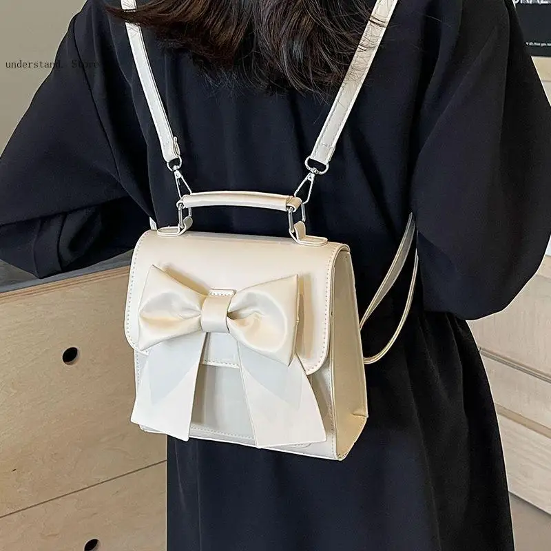 Summer Pure Color Pu Leather High-End Feeling Korean Bow Light Travel Commuting Leisure Mini Backpack for Female Students
