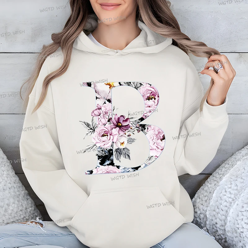 Aesthetic Rose Creative Alphabet Women Hoodie Spring Autumn Fashion 26 Initials Sportswear Long Sleeve Ladies Loose Sweatshirts