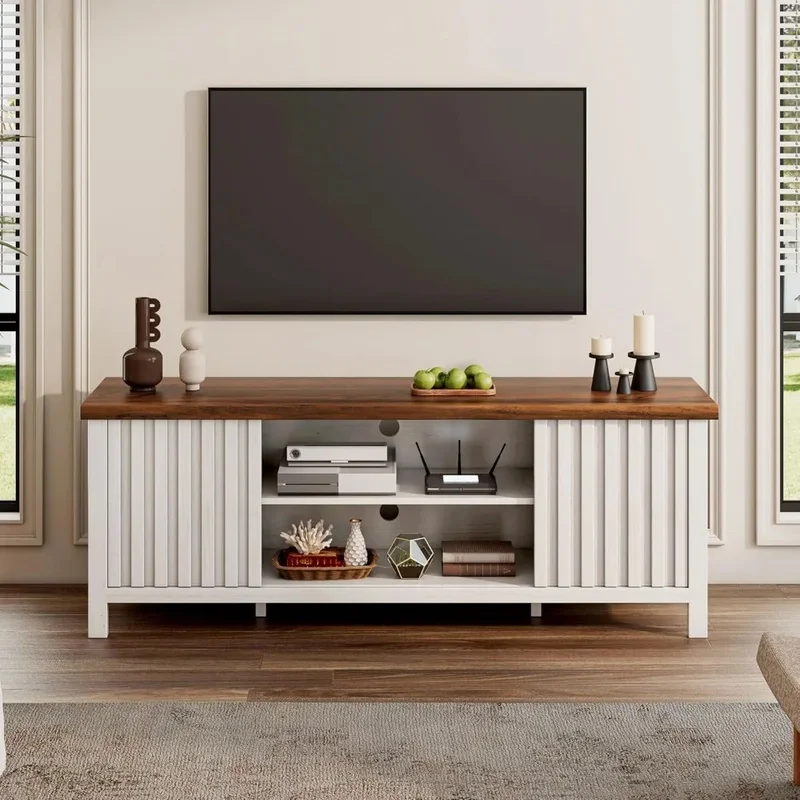 

Современный развлекательный центр для телевизора 55/60/65 дюймов с местом для хранения вещей, деревянной медиаконсолью, рифлеными раздвижными дверями, регулируемой полкой