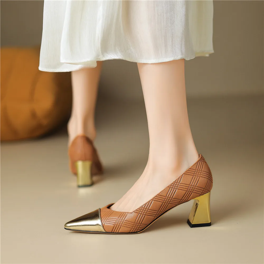 MILI-MIYA Fashion Cover Pointed Toe Women Sheep Skin Pumps Slip On Mixed Color Thick Heels Thick Heels Dress Party Shoes