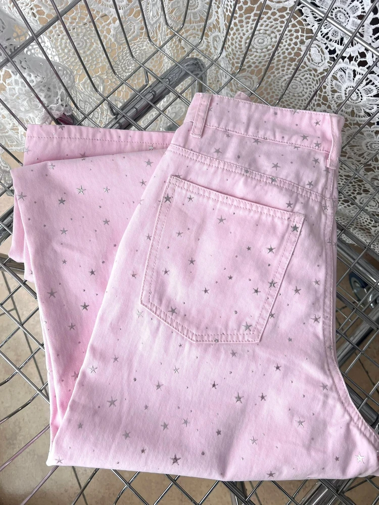

Korean Style Pink Rhinestone Denim Pants for Women Spring Autumn Thin Loose High Waist Wide Leg Jeans Vintage Straight Trousers