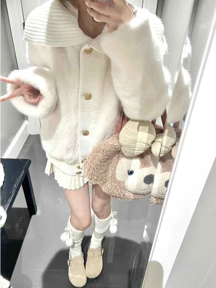 

Laid-ba Sle White Faux Fur ort Coat Women's Winter Knitted Loose Soft Plu ort Coat Gentle Sle