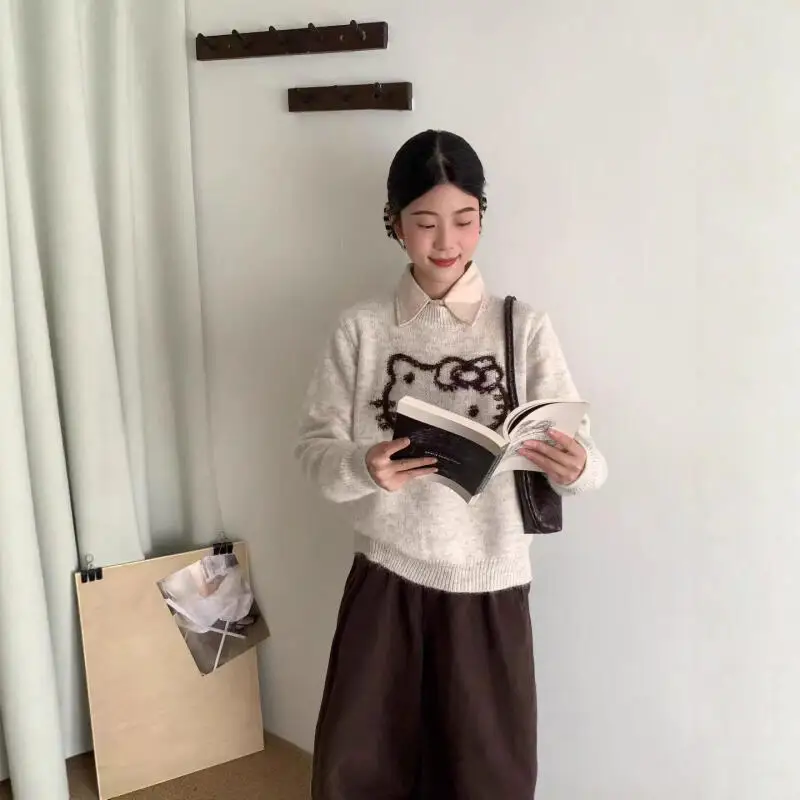 เสื้อสเวตเตอร์การ์ตูนลายคิตตี้สำหรับผู้หญิง ฤดูหนาว ลายแจ็คการ์ด ทรงโอเวอร์ไซส์ สีครีม สไตล์วินเทจ เนื้อผ้านุ่มสบาย แฟชั่น