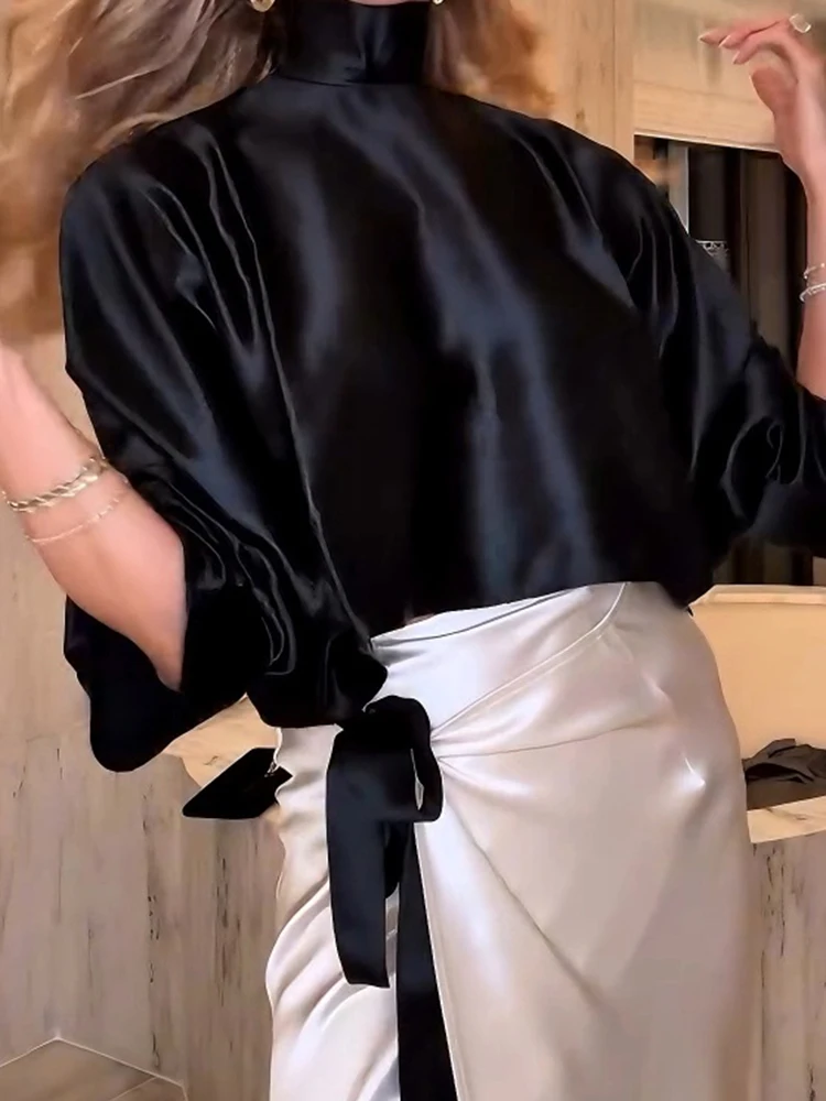 Elegant Banquet Sets Luxury High-end Color Blocked Half Skirts 2pc Sets Temperament Satin Long Sleeve Tops&Irregular Skirts Sets