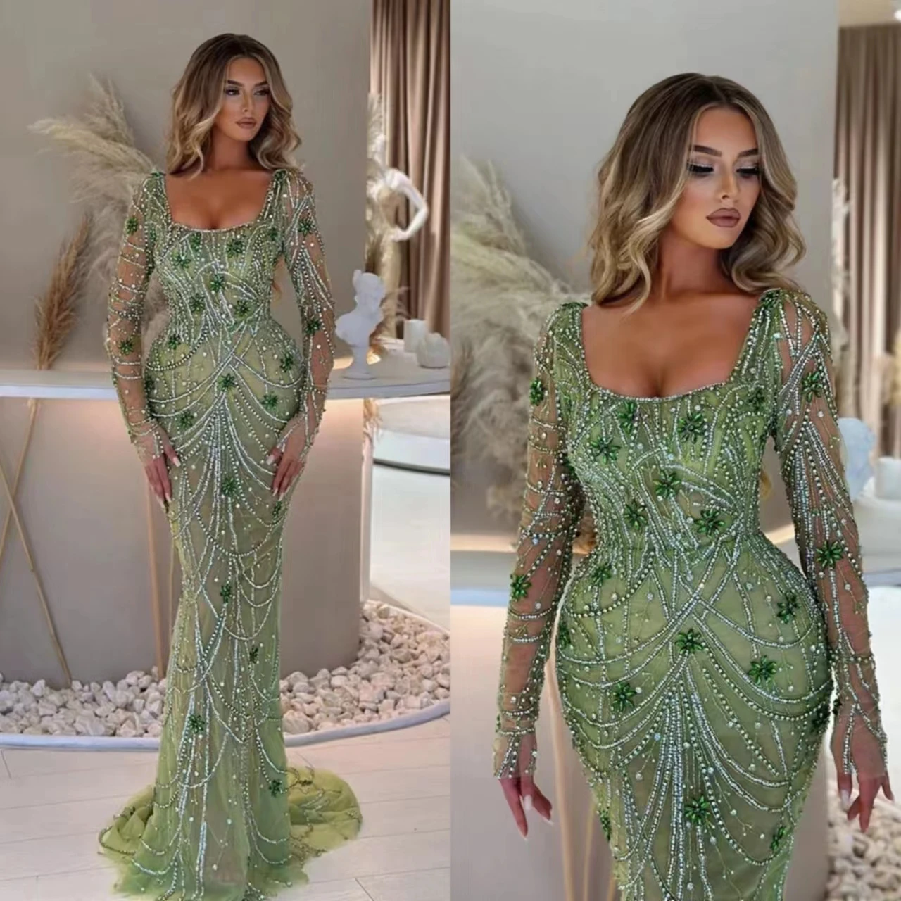 

Luxury Celebrity Dresses For Women Square Neck Long Sleeves Gown Crystal Sequins Sweep Train Party Dress Robe De Soirée