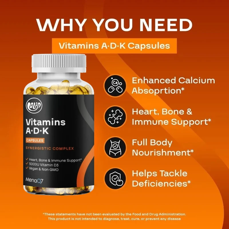 Highly Absorbent ADK Vitamin Supplement Capsules for Immune Support - Vitamin ADK, Containing 5000IU D3 Non GMO and Gluten Free