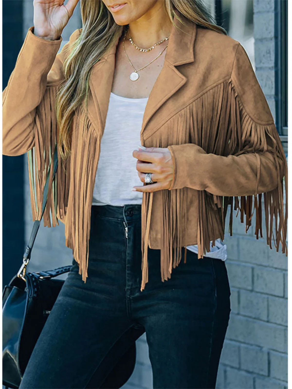 

Casual Lapel Tassel ort Jaet Long Sve Street Sle Pure Color Coat without Button Straight Cut Spring Faion